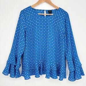 Worthington Blue White Boho Geometric Ruffle Sleeve Top Size L